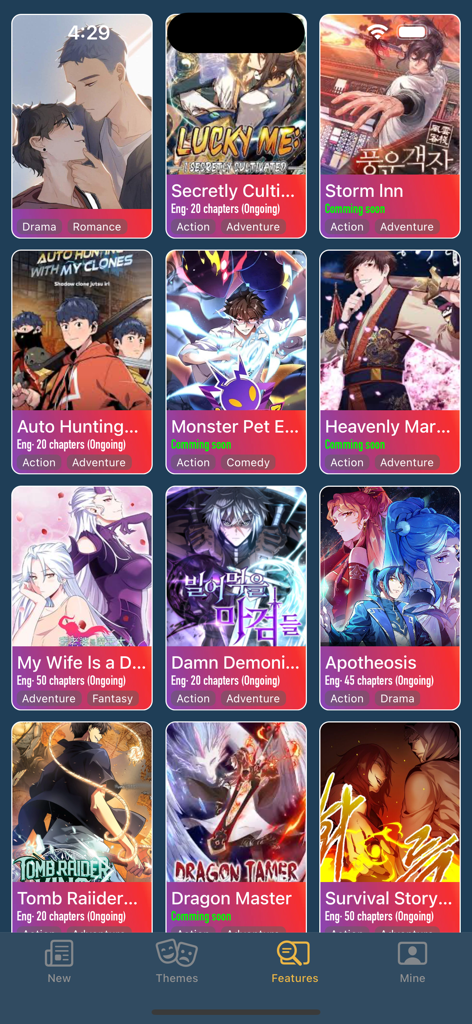 Interfaz de la aplicación Manga Reader mostrando una cuadrícula de portadas populares de webtoon y manga