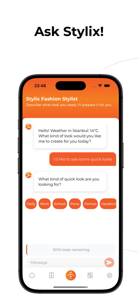 Stylix AI - Stylix AI fashion stylist chat interface showing personalized outfit recommendations and category selections like work school and party