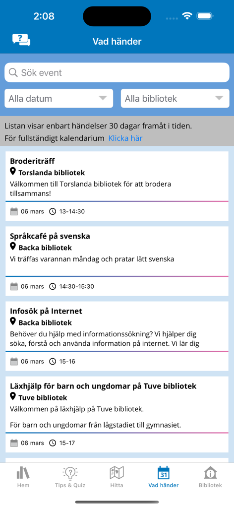Biblioteket - Event calendar screen in the Biblioteket app showing local library activities in Gothenburg