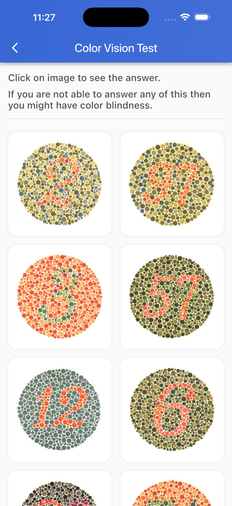 Nepal Driving License App - Mobile screen showing Ishihara color blindness test plates for the Nepal driving license exam