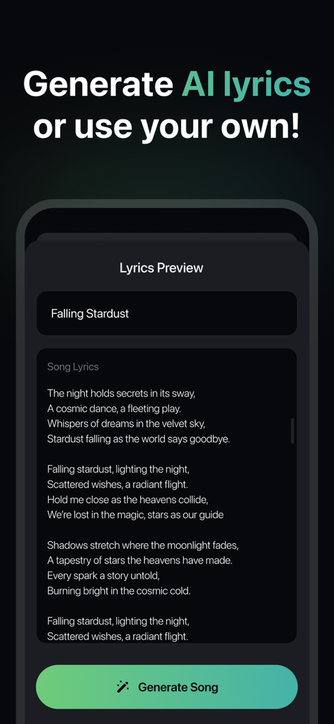 AI Song Creator & Maker - SS9 - Pantalla de smartphone que muestra letras de canciones generadas por IA y un botón para generar canciones en modo oscuro.