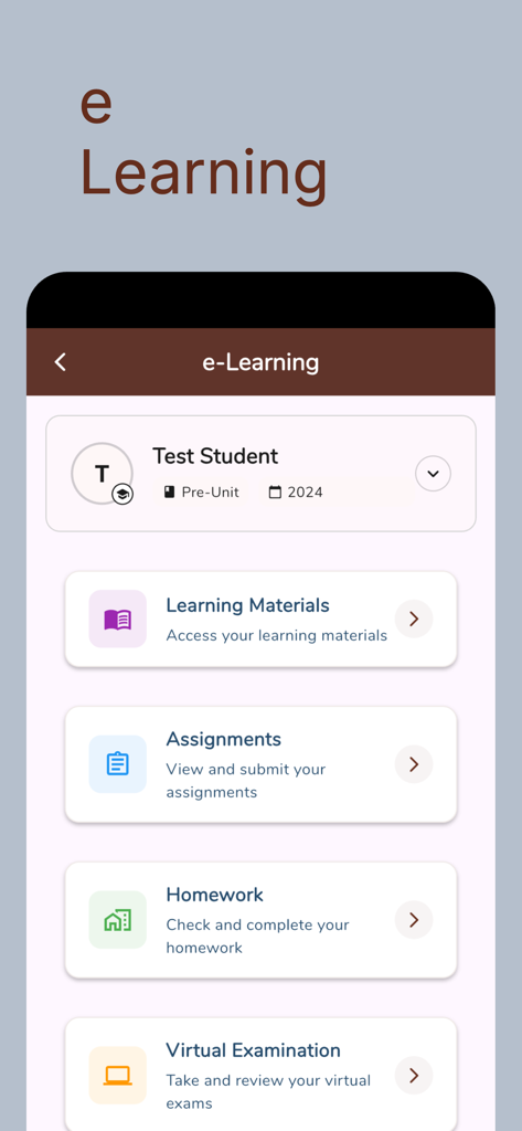 New York Schools - E-learning dashboard of the New York Schools app showing options for learning materials, assignments, homework, and virtual exams.