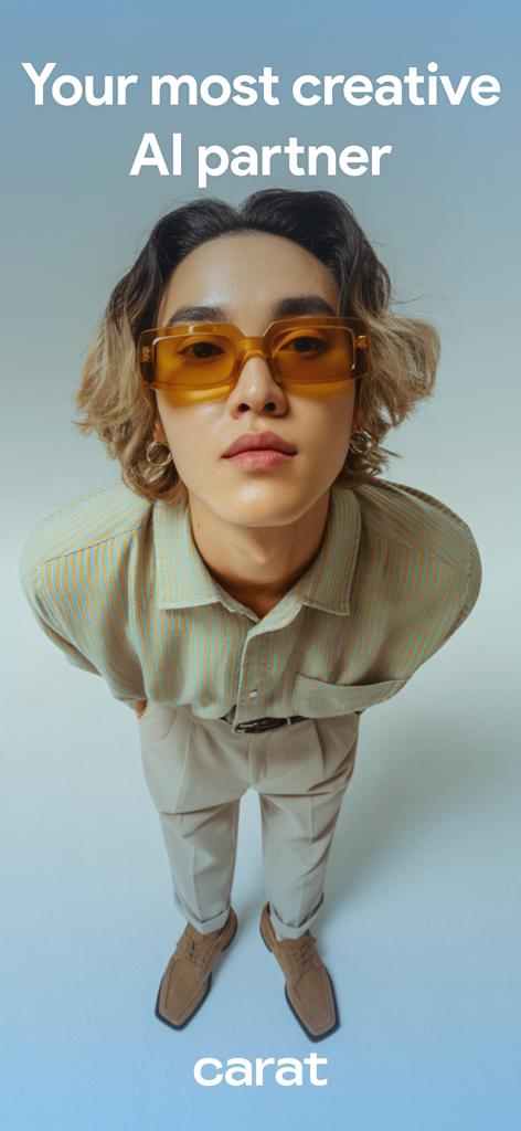 A stylish young creator wearing yellow sunglasses with the text Your most creative AI partner.