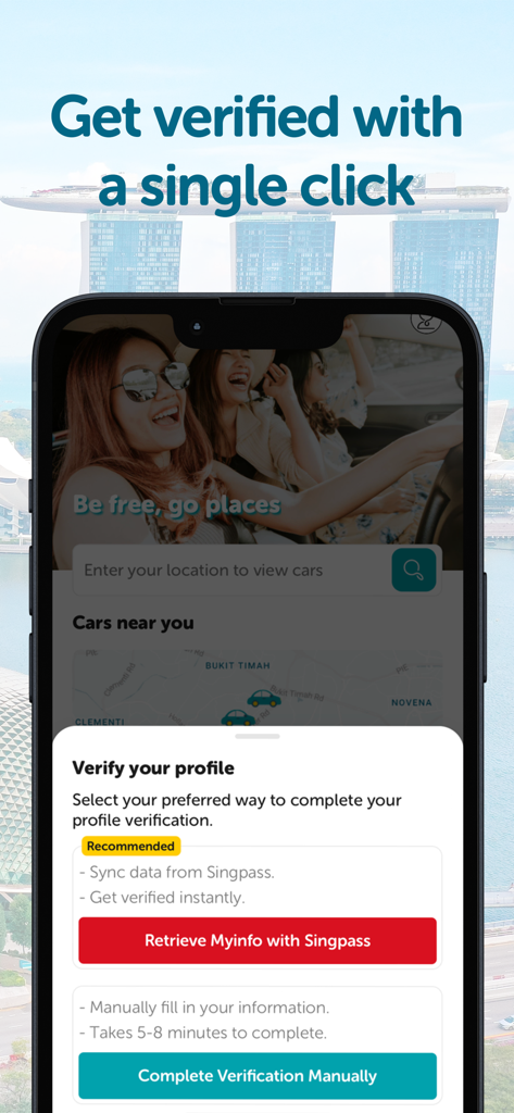 Drive lah app profile verification screen showing Singpass and manual verification options.