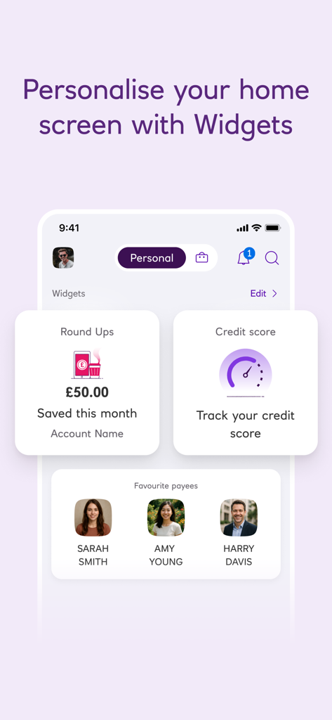 NatWest Mobile Banking - NatWest mobile banking app home screen showing customizable widgets for round ups, credit score tracking, and favorite payees.