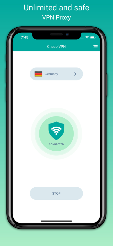 Cheap VPN - Fast Secure Proxy - Cheap VPN mobile App-Oberfläche, die den verbundenen Status mit einem Server in Deutschland anzeigt