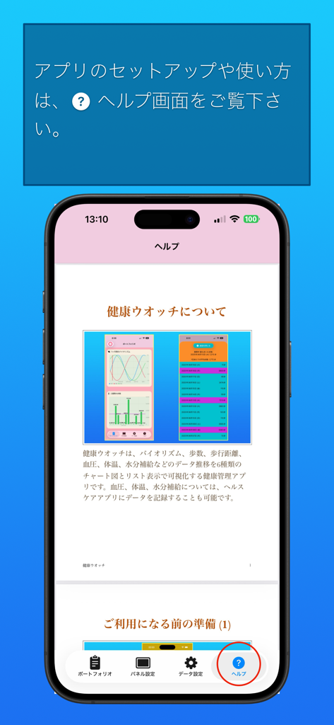 健康ウオッチ - Screenshot of the help section in the Health Watch app showing user instructions and feature descriptions.