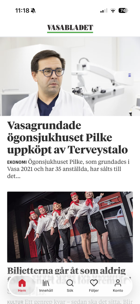 Vasabladet - Vasabladet mobile news app home screen displaying regional headlines and navigation menu in Swedish