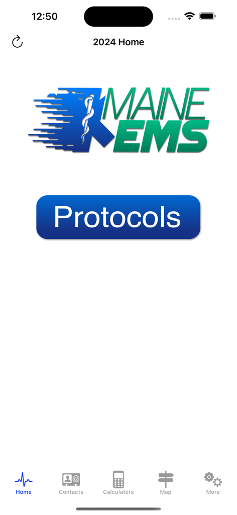 Maine EMS Protocol App - Maine EMS Protocol App home screen featuring the organization logo and a main protocols button.