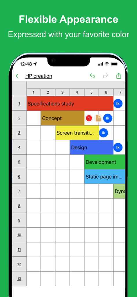 GanttchartAI: GanttChart by AI - カラフルなタスクバーを備えたガントチャートのモバイルスクリーンショット。プロジェクト計画用。