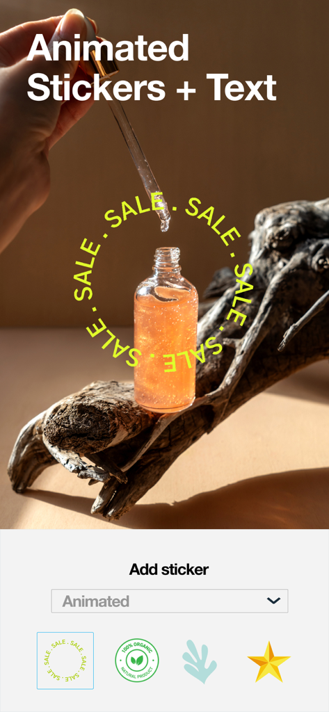 Vimeo Create app interface showing animated stickers and text options for professional marketing videos