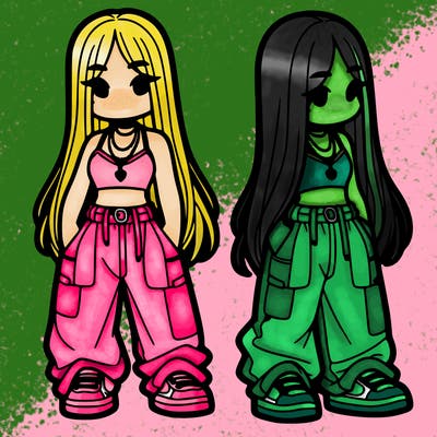 girl in baggy pants crop top and long hair