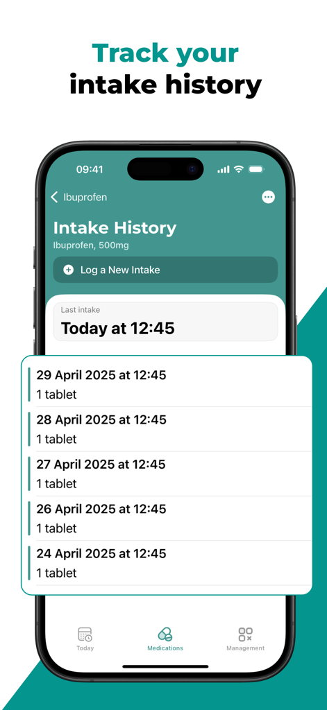 Interface de l'application AppyCare pour le suivi de l'historique de prise de médicaments pour les doses d'ibuprofène