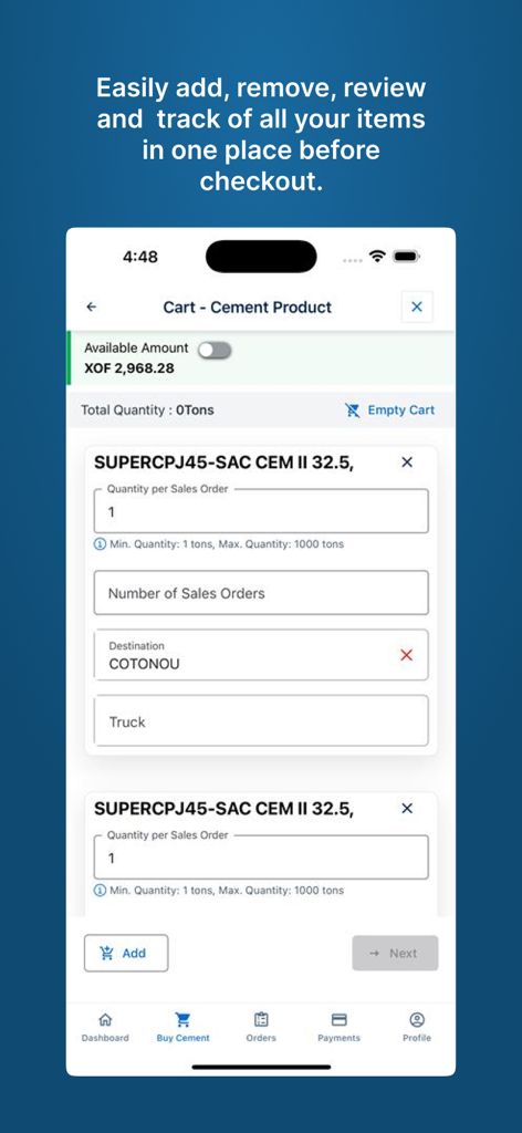 Karibu HM - Karibu HM cement product cart and order management screen