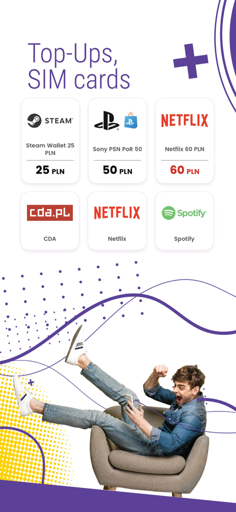 Tela do aplicativo mPay para vales-presente digitais e recargas de celular