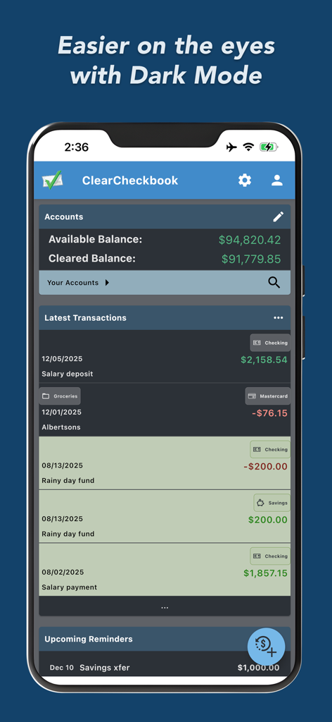 ClearCheckbook app interface in dark mode displaying account balances and latest transactions