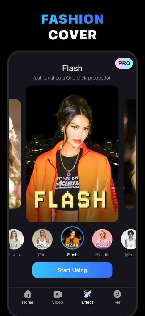 App interface showing a fashion cover video filter called Flash with an AI generated portrait of a woman in an orange jacket
