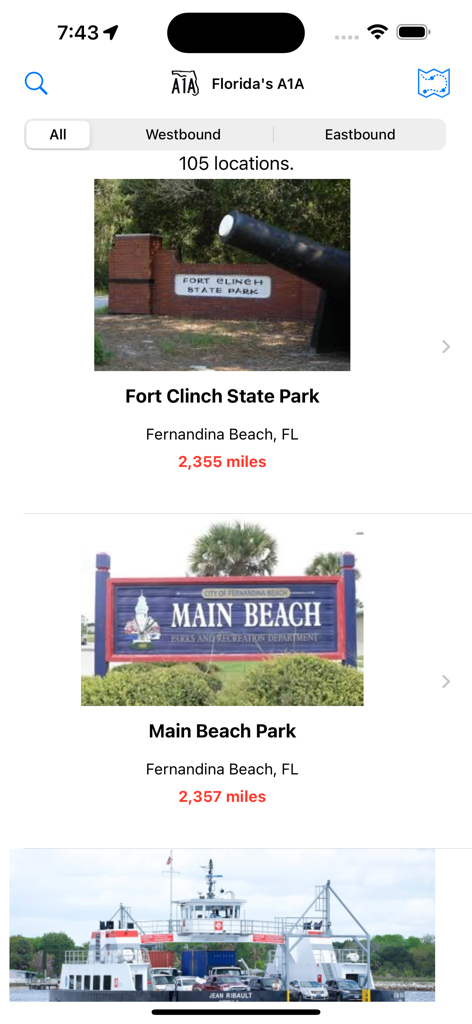 Florida's A1A - Screenshot of Florida's A1A mobile app displaying a list of curated scenic road trip destinations including Fort Clinch State Park.
