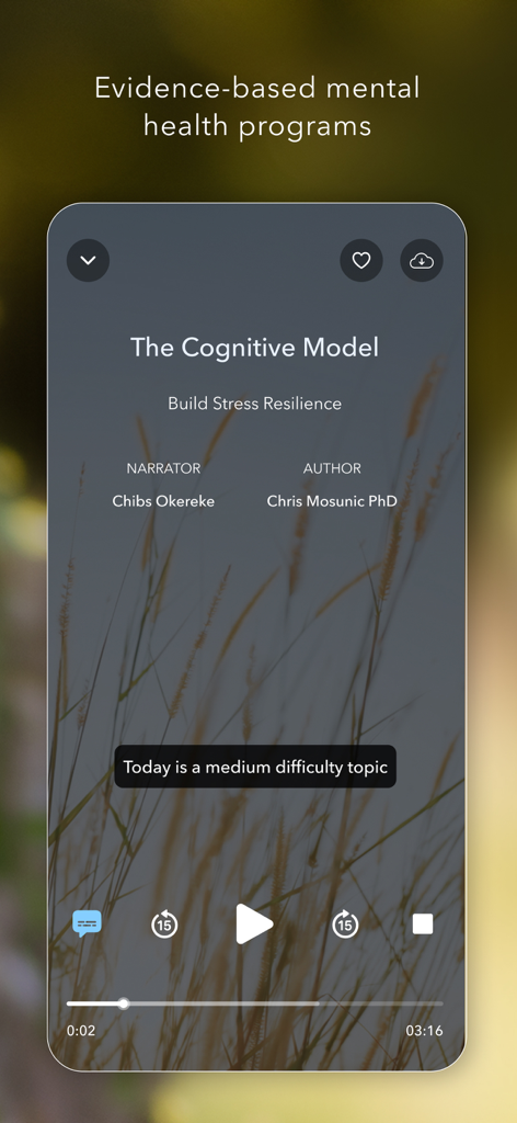 Interface do aplicativo Calm Health mostrando um programa de saúde mental baseado em evidências intitulado 'O Modelo Cognitivo' para construir resiliência ao estresse.