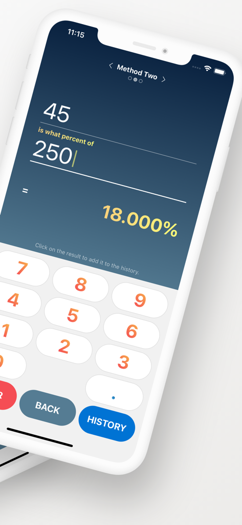 Percentage Calculator - Calc % - La aplicación Percentage Calculator muestra el cálculo de 45 como un porcentaje de 250 con un resultado del dieciocho por ciento