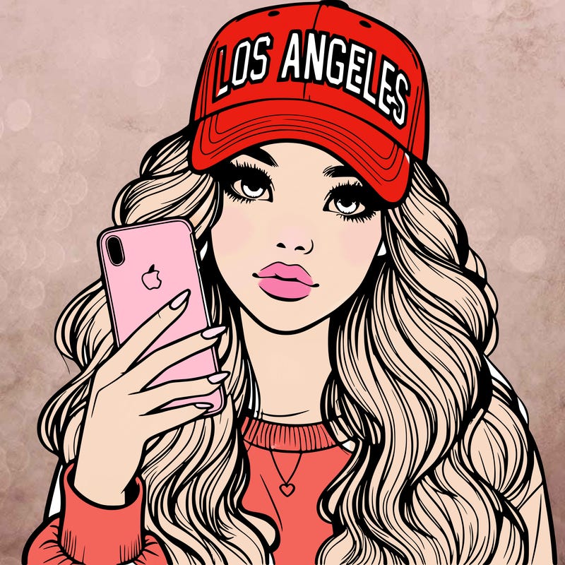 realistic beautiful girl wearing los ángeles cap holding an iphone