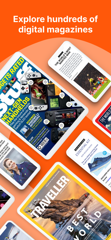 Pocketmags Digital Newsstand - A collection of digital magazine covers displayed on mobile devices over an orange background.