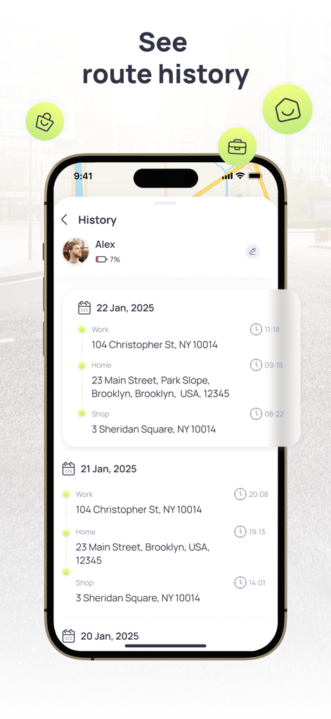 iPhone screen displaying the route history feature with addresses and timestamps for a tracked contact