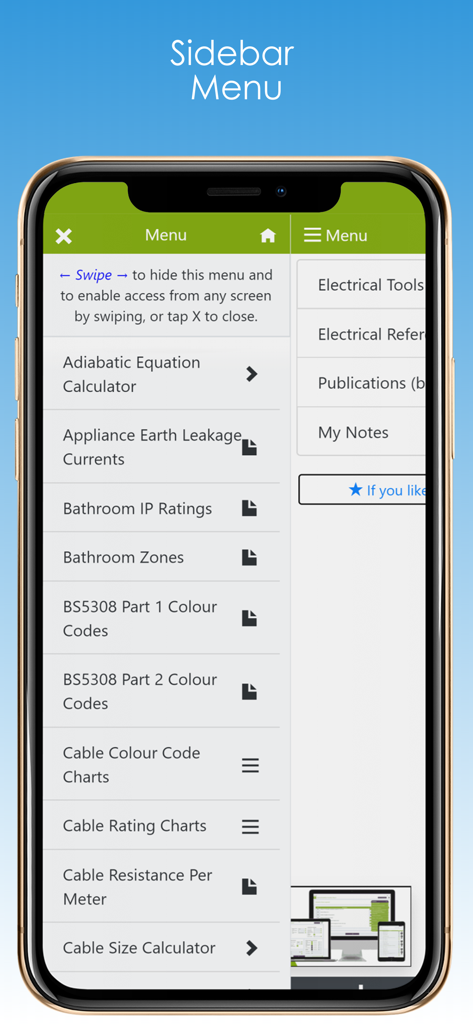 電気工具とリファレンスアプリのサイドバーメニューを表示するスマートフォン画面。さまざまな電気計算機とリファレンスガイドが含まれています