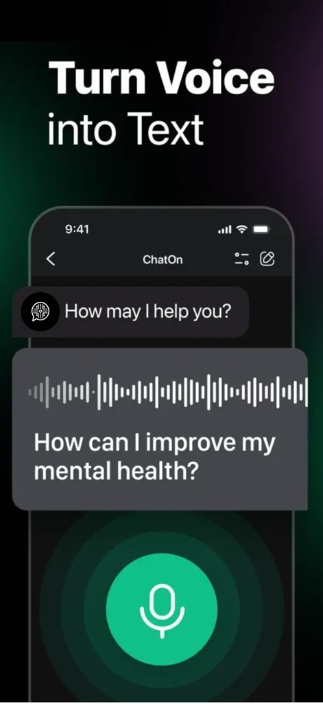 myAIChat - Chat Bot Assistant - Mobile interface of myAIChat app showing the voice to text transcription feature