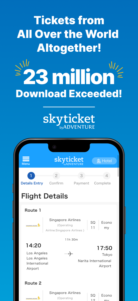 Schermata dell'app mobile Skyticket che mostra i dettagli di un volo internazionale da Los Angeles a Tokyo