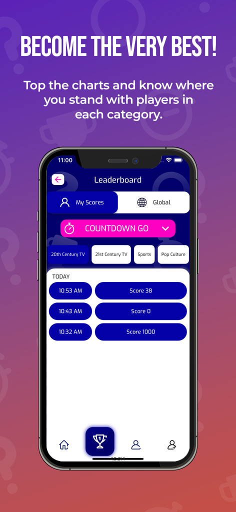 Buzztime Trivia - Buzztime Trivia app leaderboard screen showing personal player scores and trivia categories like sports and pop culture