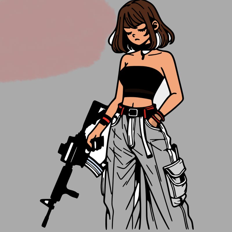 a dangerous girlcrop top and baggy jeans with a rifle in her hand