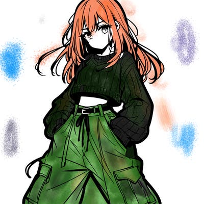 anime teen girl with baggy pants and crop top with sweater