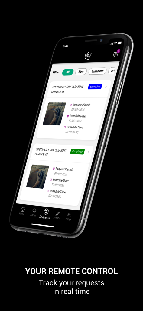 Real-time tracking of resident service requests on a mobile app interface.