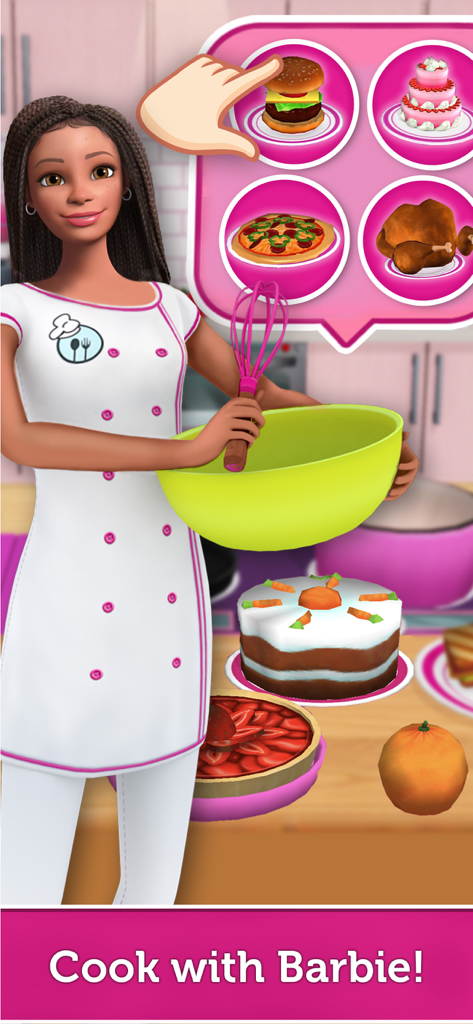Barbie Dreamhouse Adventures - Um personagem no Barbie Dreamhouse Adventures vestido como chef se preparando para cozinhar diferentes receitas como hambúrgueres e bolos