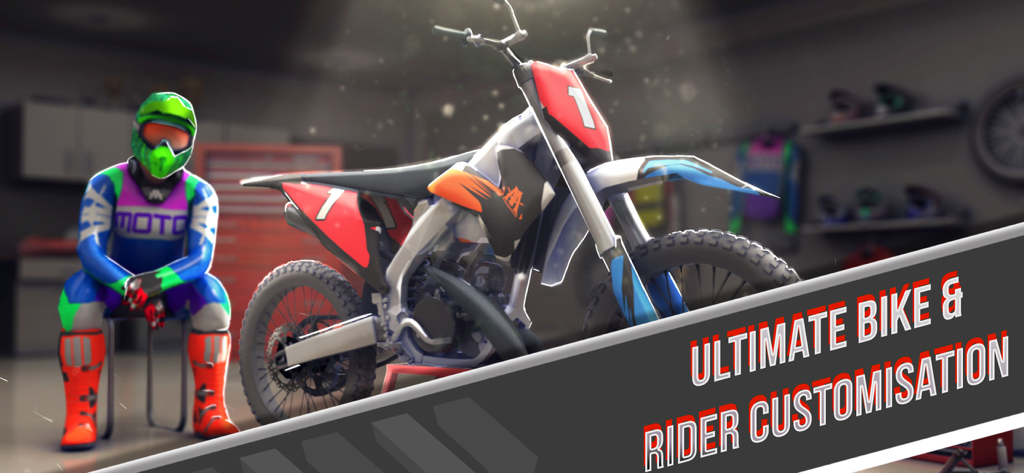 TiMX: This is Motocross - Motocross rider and dirt bike in a garage showcasing customization options