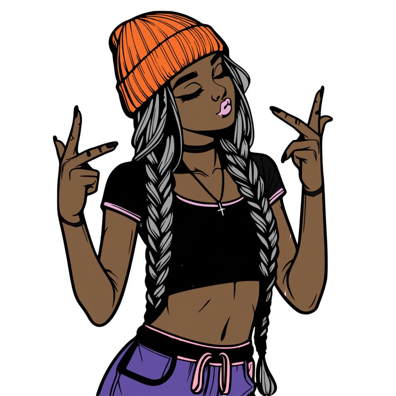 realistic teenage girl with braids and a beanie and crop top doing 🫶🏼