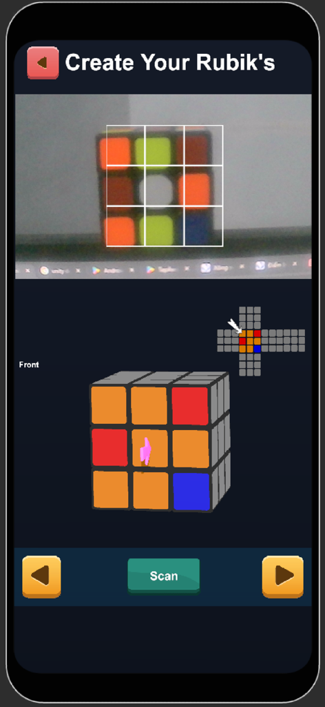 Easy 3x3 cube Solver - Camera view scanning a physical 3x3 cube to generate a digital solution in the app