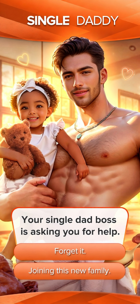 Una pantalla de opciones de romance interactivo de Whispers con un apuesto padre soltero sosteniendo a su hija pequeña