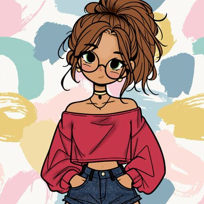 girl with a messy ponytail glasses a baggy crop top and jean shorts