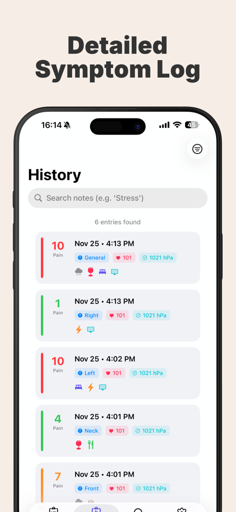 Migraine Tracker: Relief AI - Detailed migraine symptom and trigger history log screen showing pain levels and environmental data