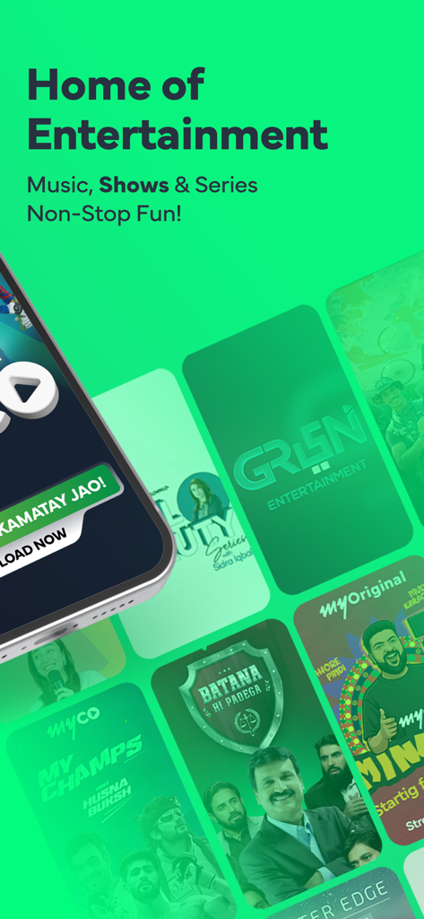 myco - live sports, TV, Films - A promotional screen for the myco app featuring content tiles for music shows and series on a green background