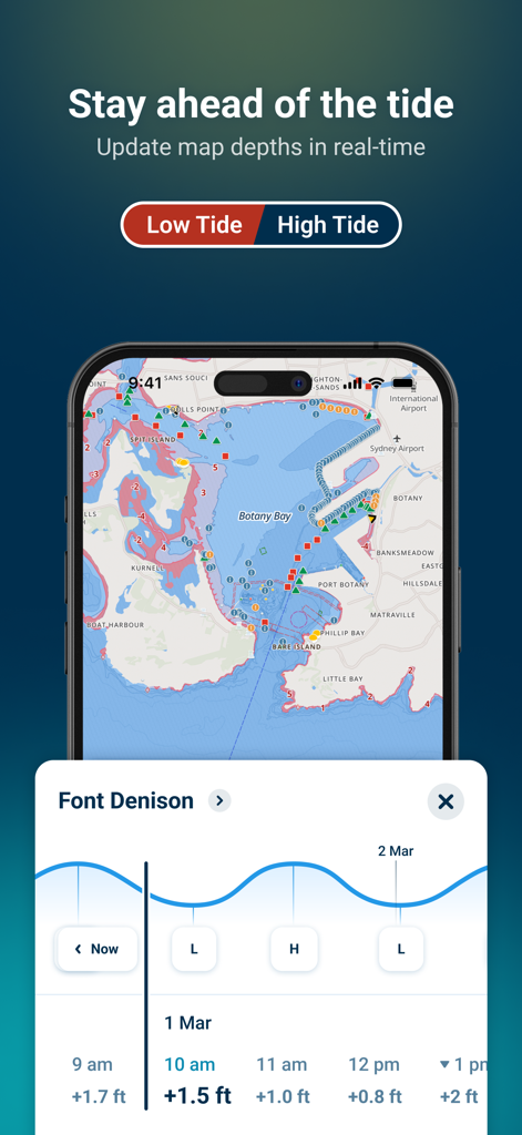 Wavve Boating app displaying real-time tide predictions and depth updates on a marine GPS chart.