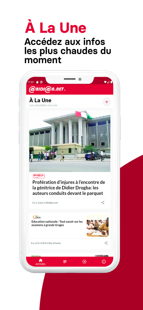 Abidjan.net mobile app displaying headline news and current events from Côte d'Ivoire on an iPhone.
