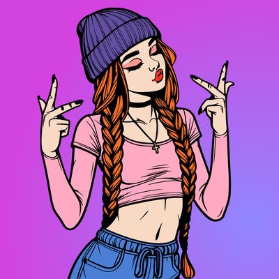 realistic teenage girl with braids and a beanie and crop top doing 🫶🏼