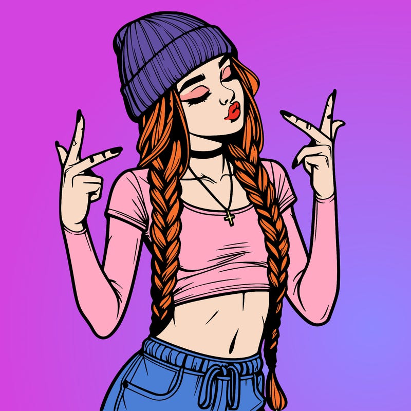 realistic teenage girl with braids and a beanie and crop top doing 🫶🏼