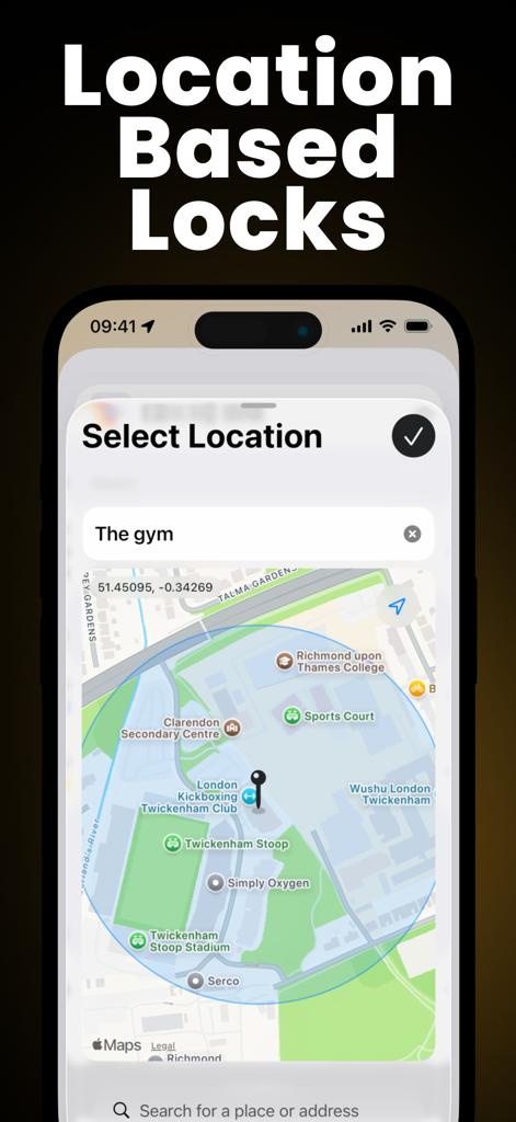 Fitlock: Earn Your Screen Time - Fitlock app interface showing the location based locks feature with a map and the gym selected.