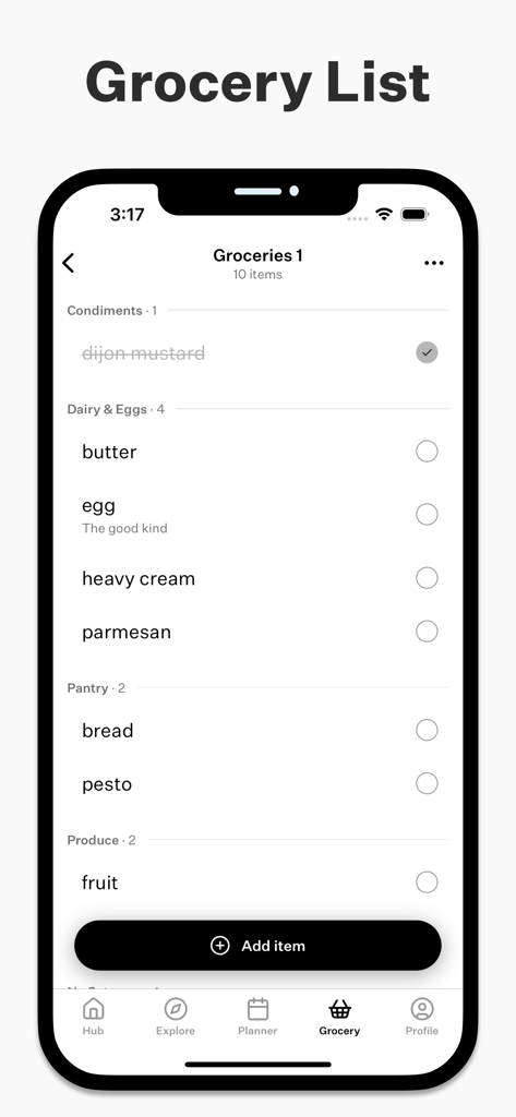 Cook Well - For Home Cooks - Smart grocery list in the Cook Well app showing items categorized by aisle like dairy pantry and produce