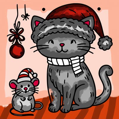 christmas cat with a santa hat and a mouse