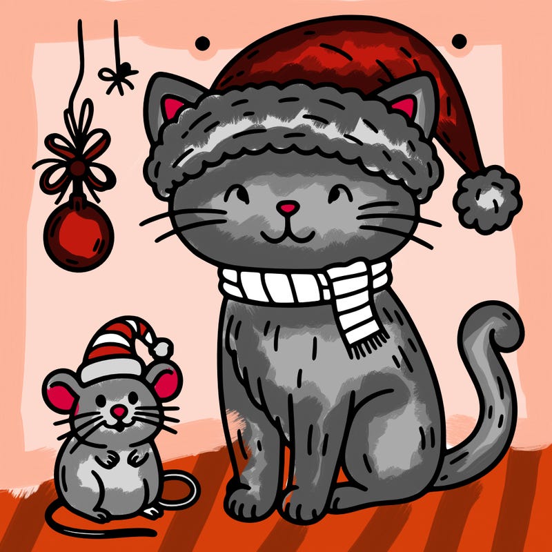 christmas cat with a santa hat and a mouse